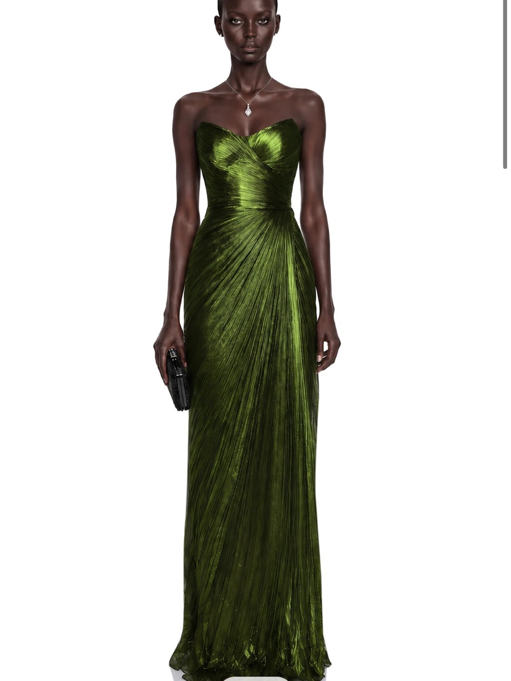 Strapless Olive Green Pleated Evening Gown